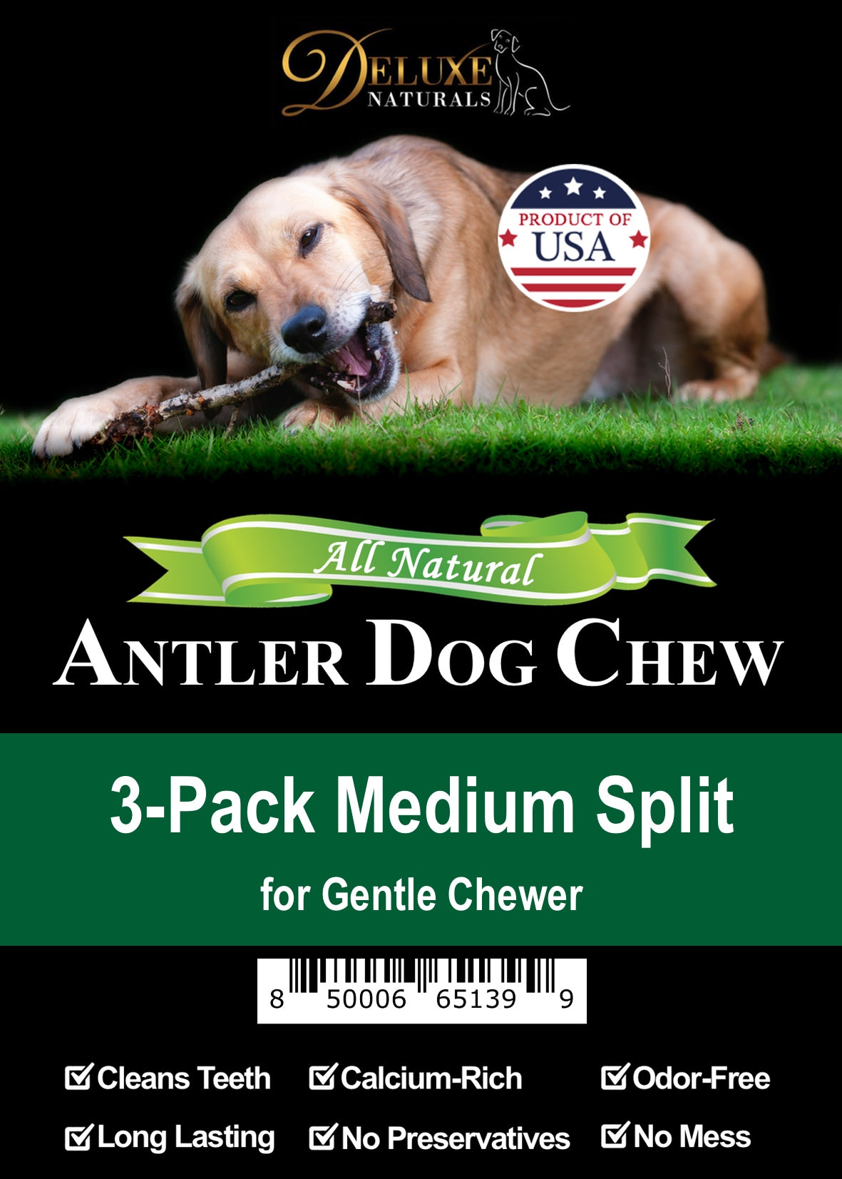 Deluxe Naturals 3-Pack Elk Antler Dog Chew - Medium Split