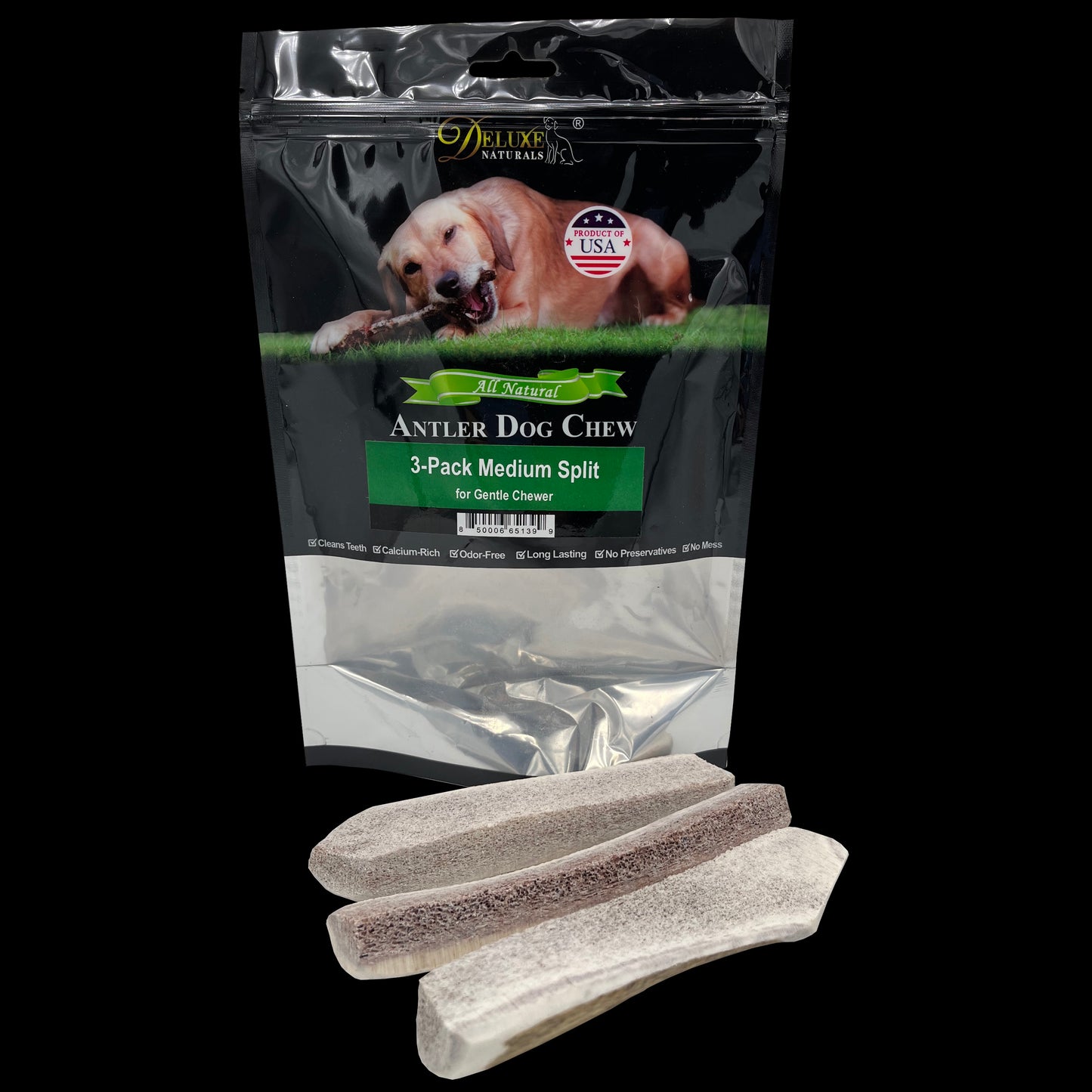 Deluxe Naturals 3-Pack Elk Antler Dog Chew - Medium Split