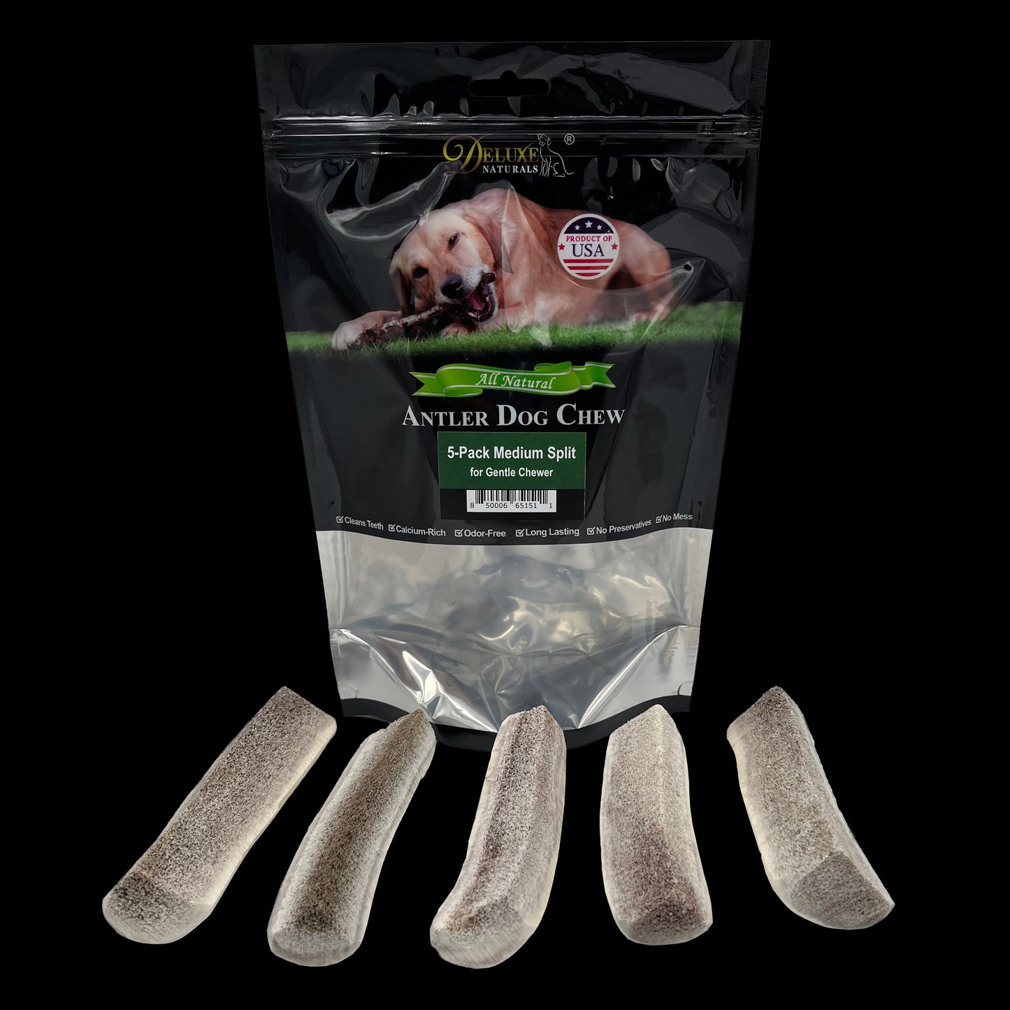 Deluxe Naturals 5-Pack Elk Antler Dog Chew - Medium Split