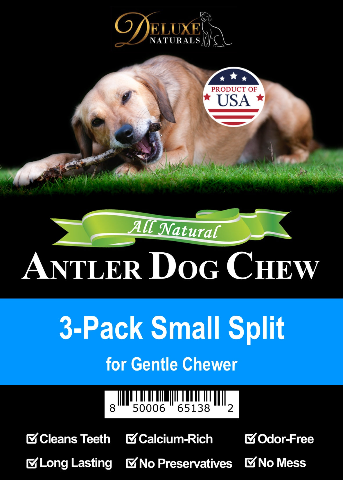Deluxe Naturals 3-Pack Elk Antler Dog Chew - Small Split