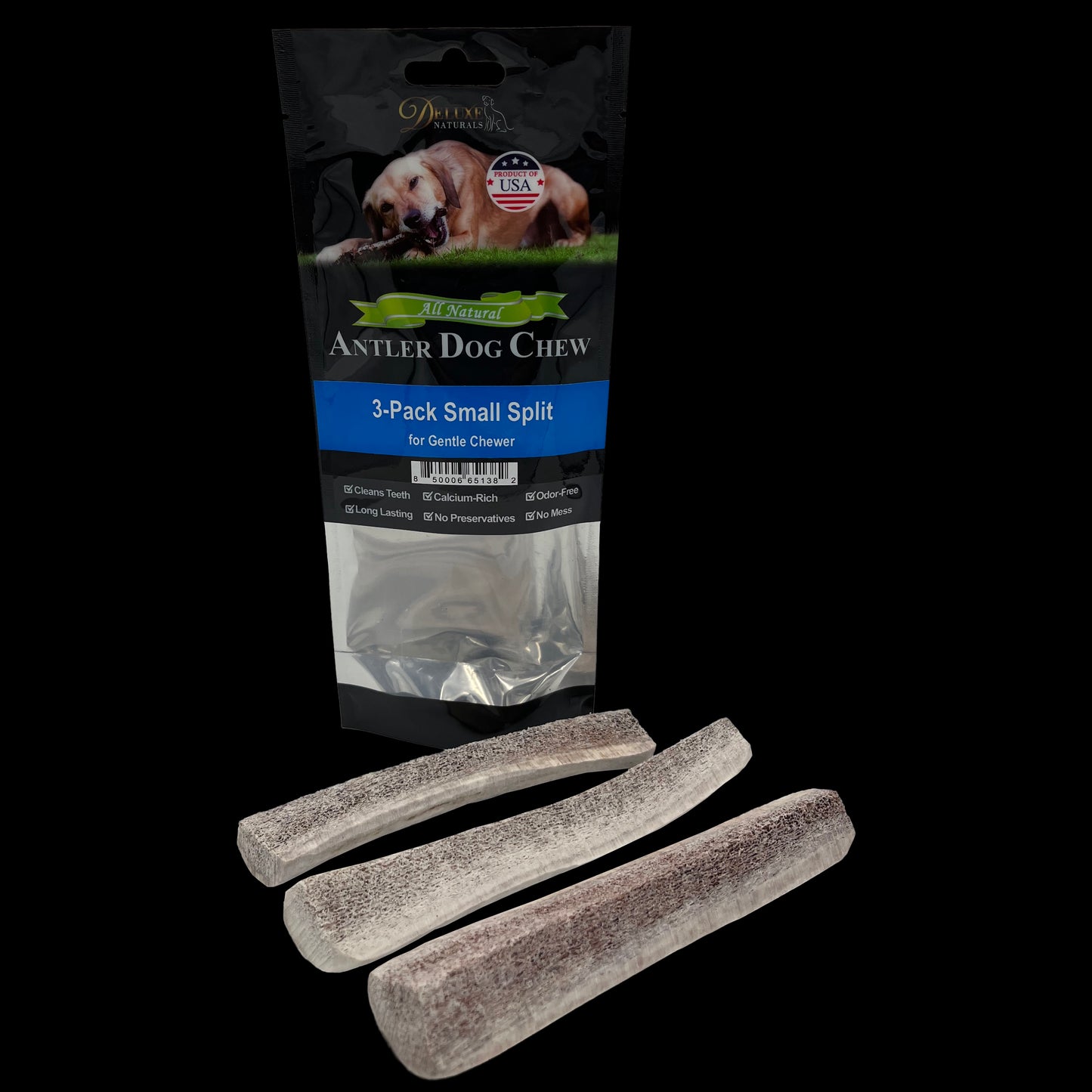 Deluxe Naturals 3-Pack Elk Antler Dog Chew - Small Split