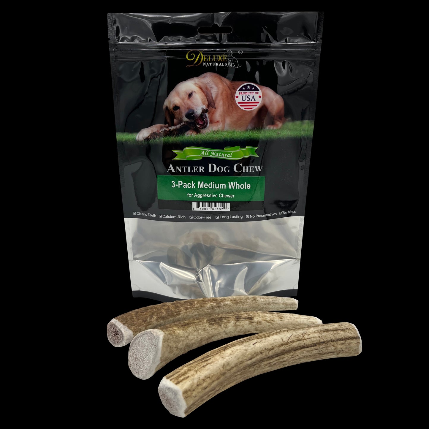 Deluxe Naturals 3-Pack Elk Antler Dog Chew - Medium Whole