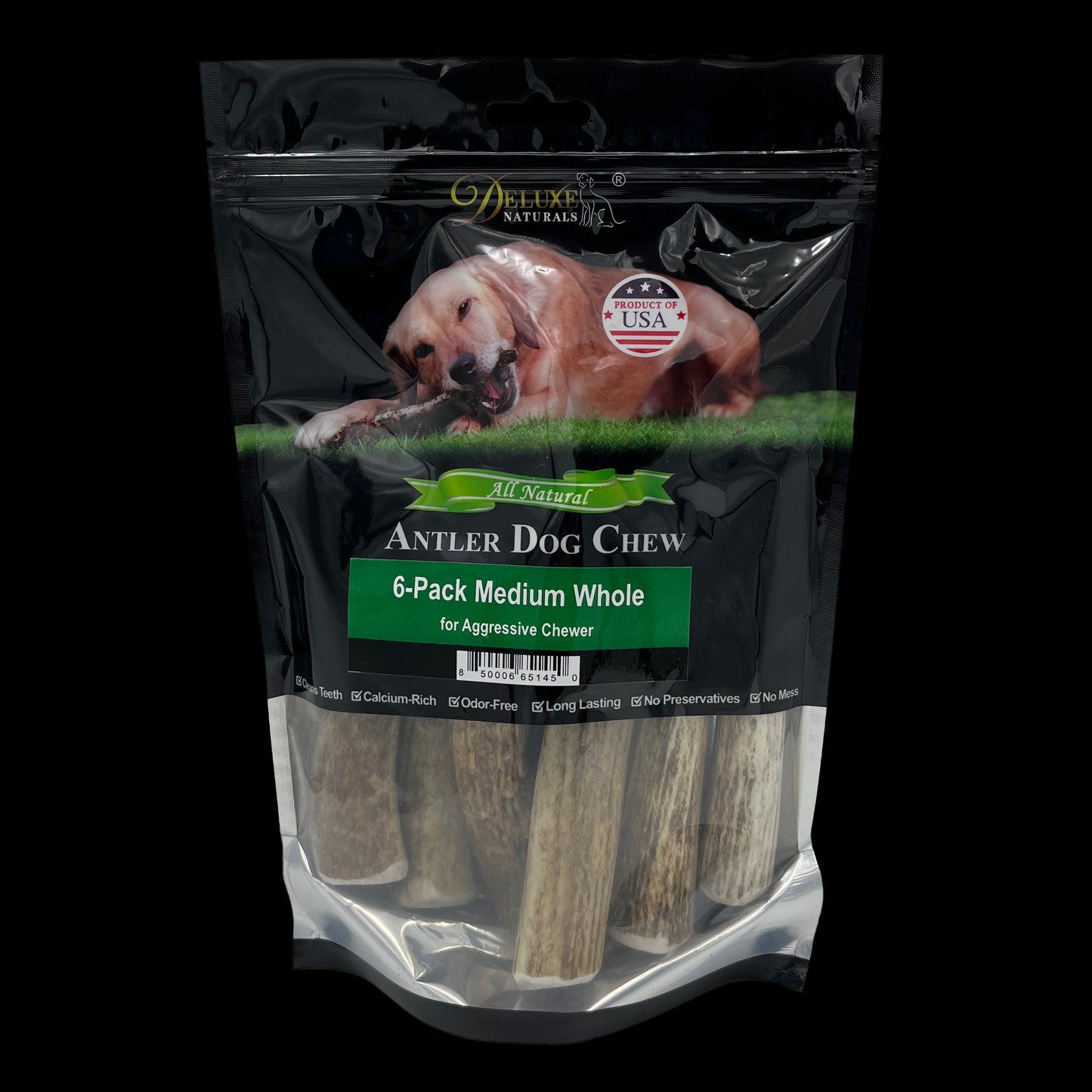 Deluxe Naturals 6-Pack Elk Antler Dog Chew - Medium Whole