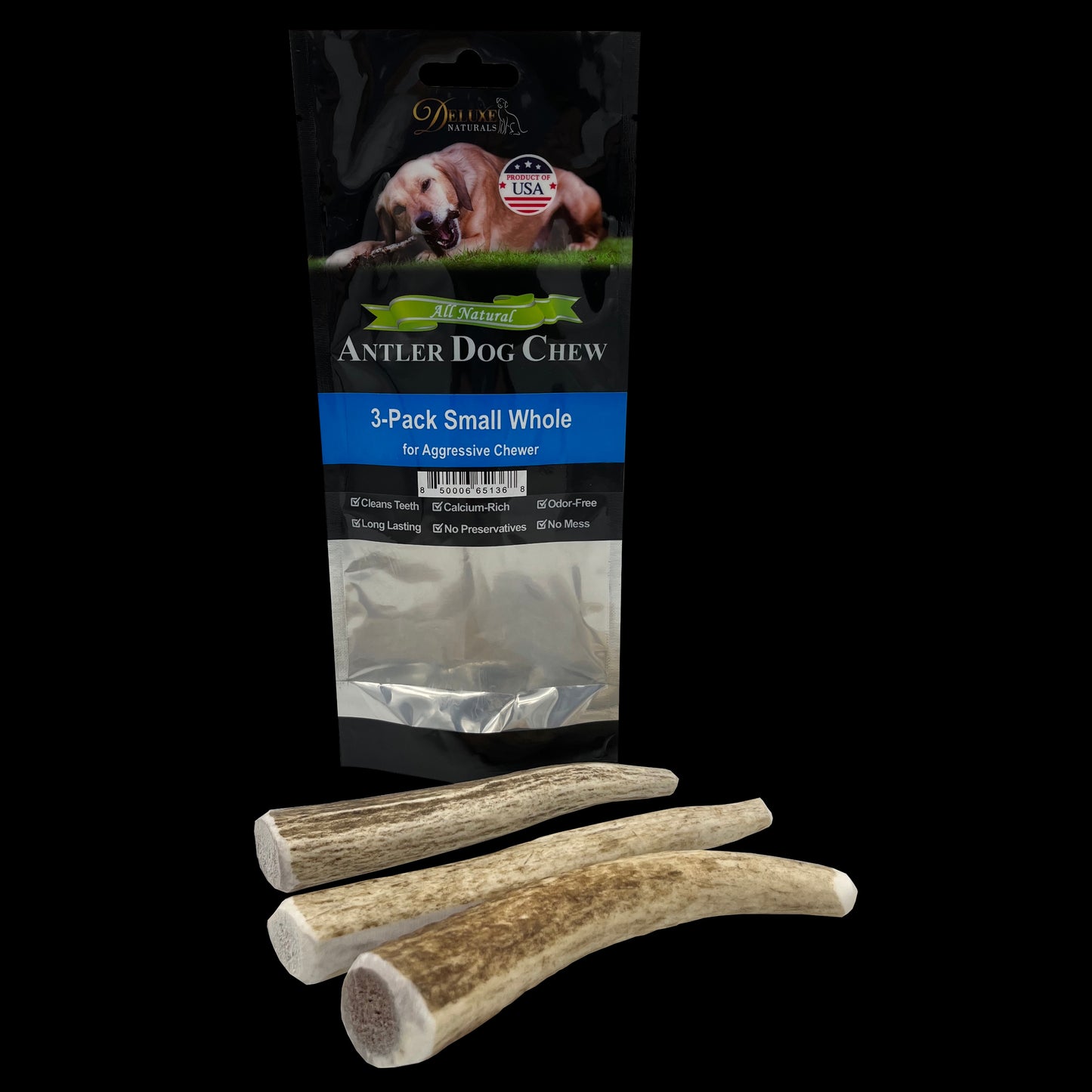 Deluxe Naturals 3-Pack Elk Antler Dog Chew - Small Whole