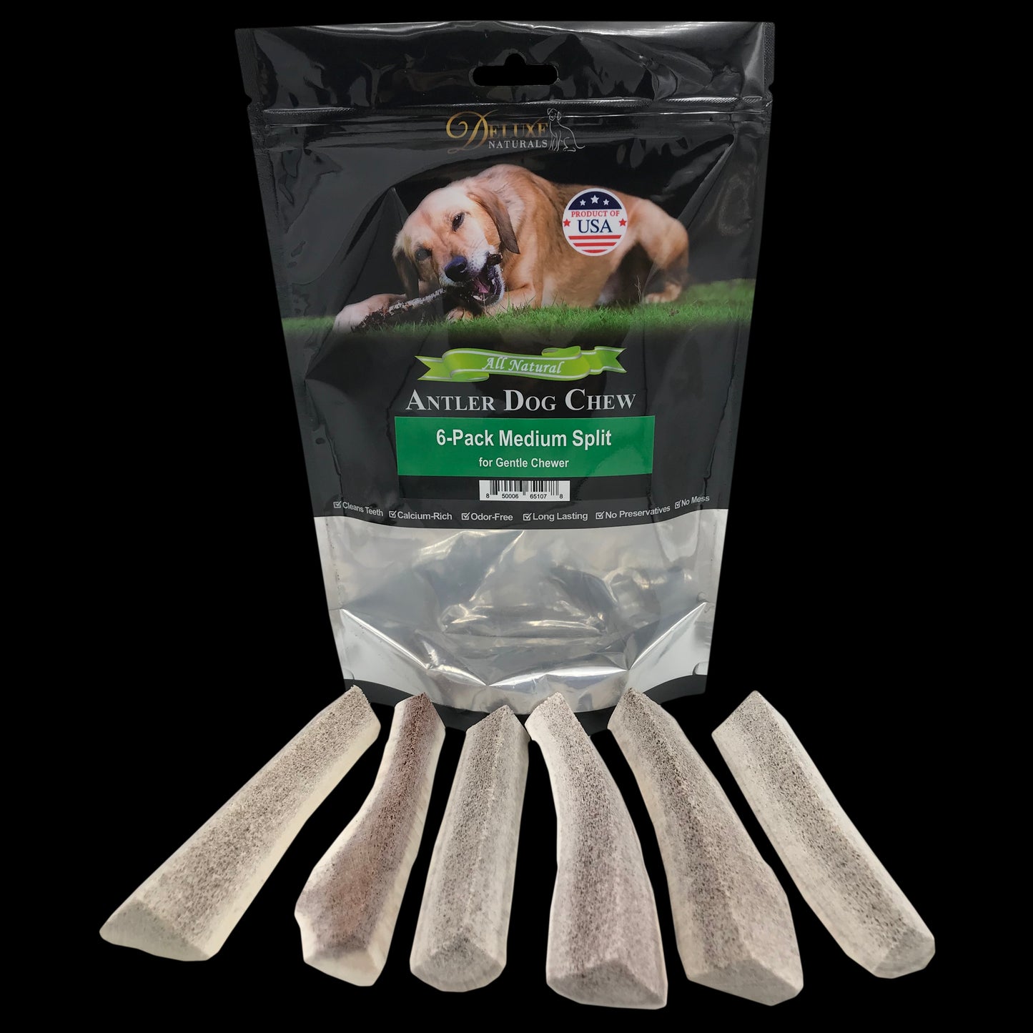 Deluxe Naturals 6-Pack Elk Antler Dog Chew - Medium Split