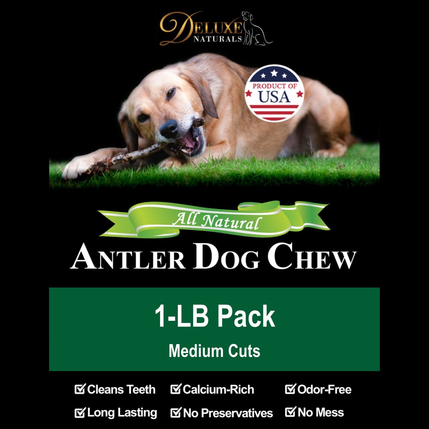 Deluxe Naturals 1-LB Pack Medium Elk Antler Dog Chews