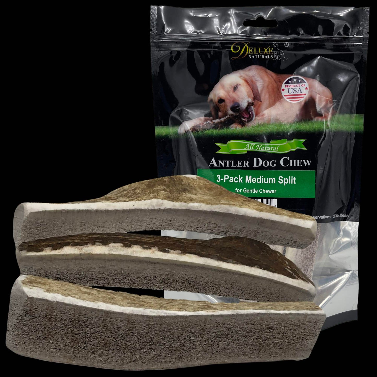 Deluxe Naturals 3-Pack Medium Split Elk Antler Dog Chews