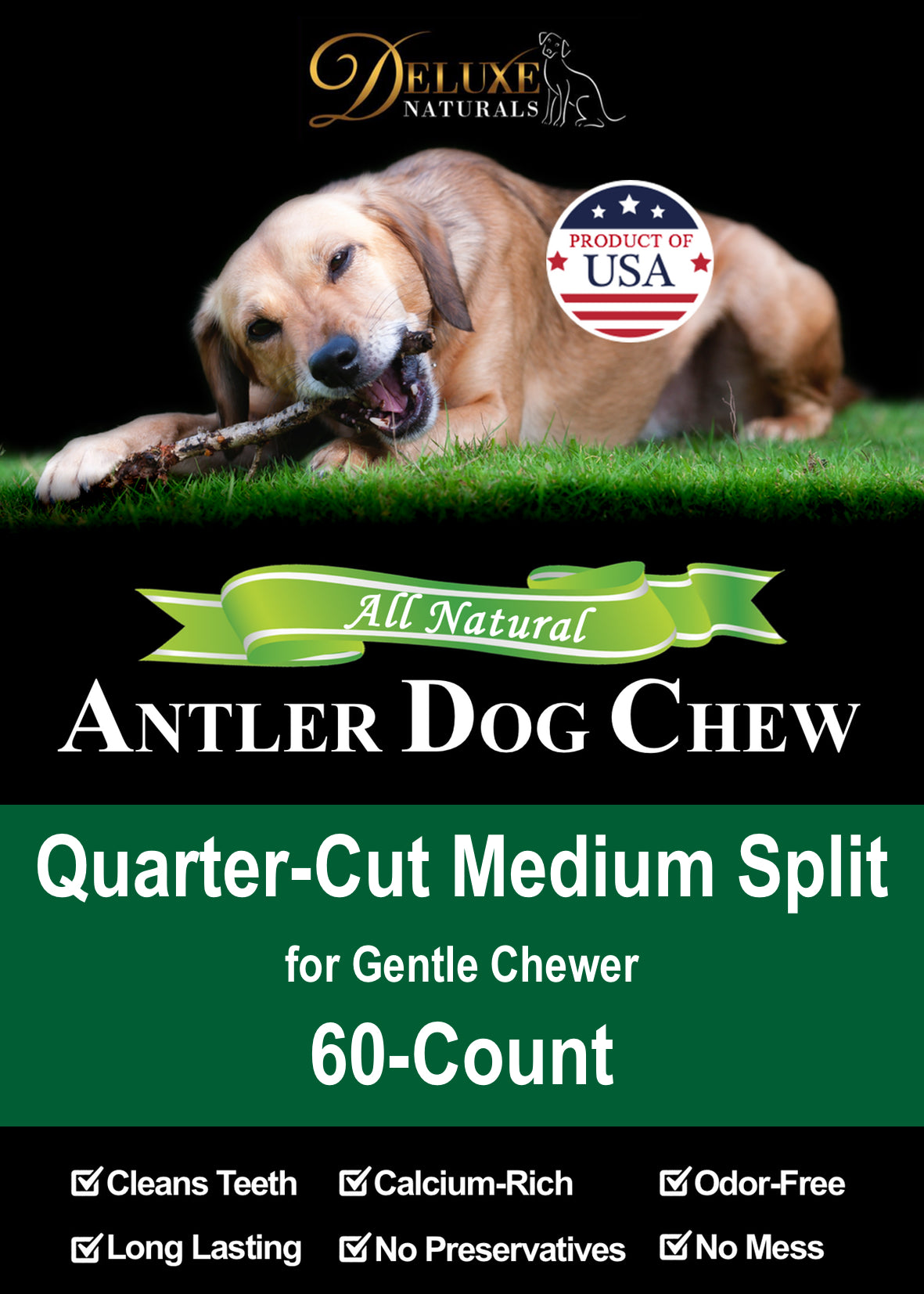 Deluxe Naturals 60-Count Quarter-Cut Medium Split Elk Antler Dog Chews