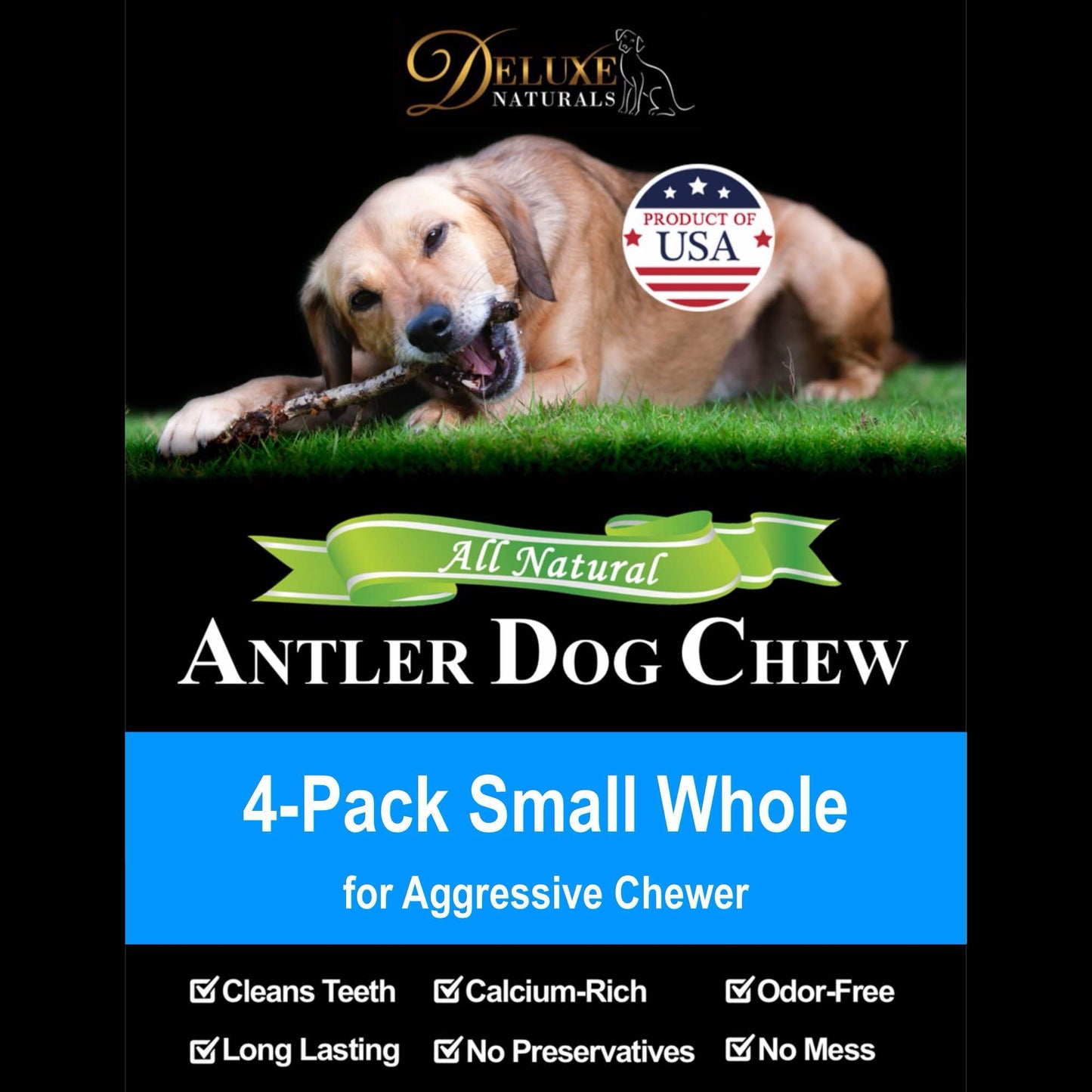 Deluxe Naturals 4-Pack Small Whole Elk Antler Dog Chews