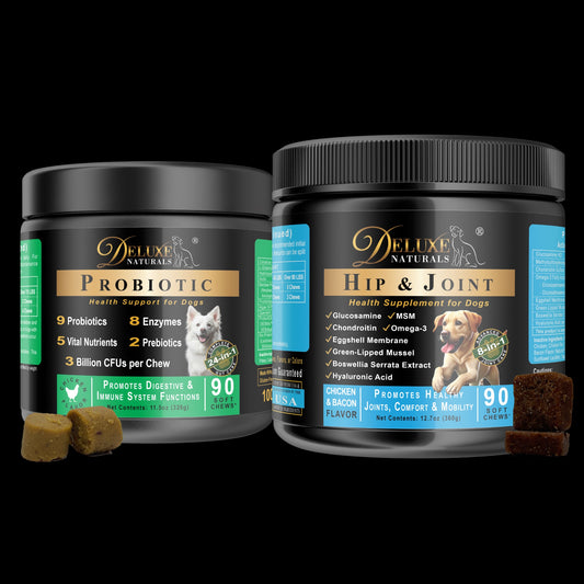 Deluxe Naturals 2-in-1 Dog Health Bundle – Probiotic Soft Chews & Hip and Joint Soft Chews – Digestive, Immune, Mobility & Joint Support for Dogs – 90-Count Each