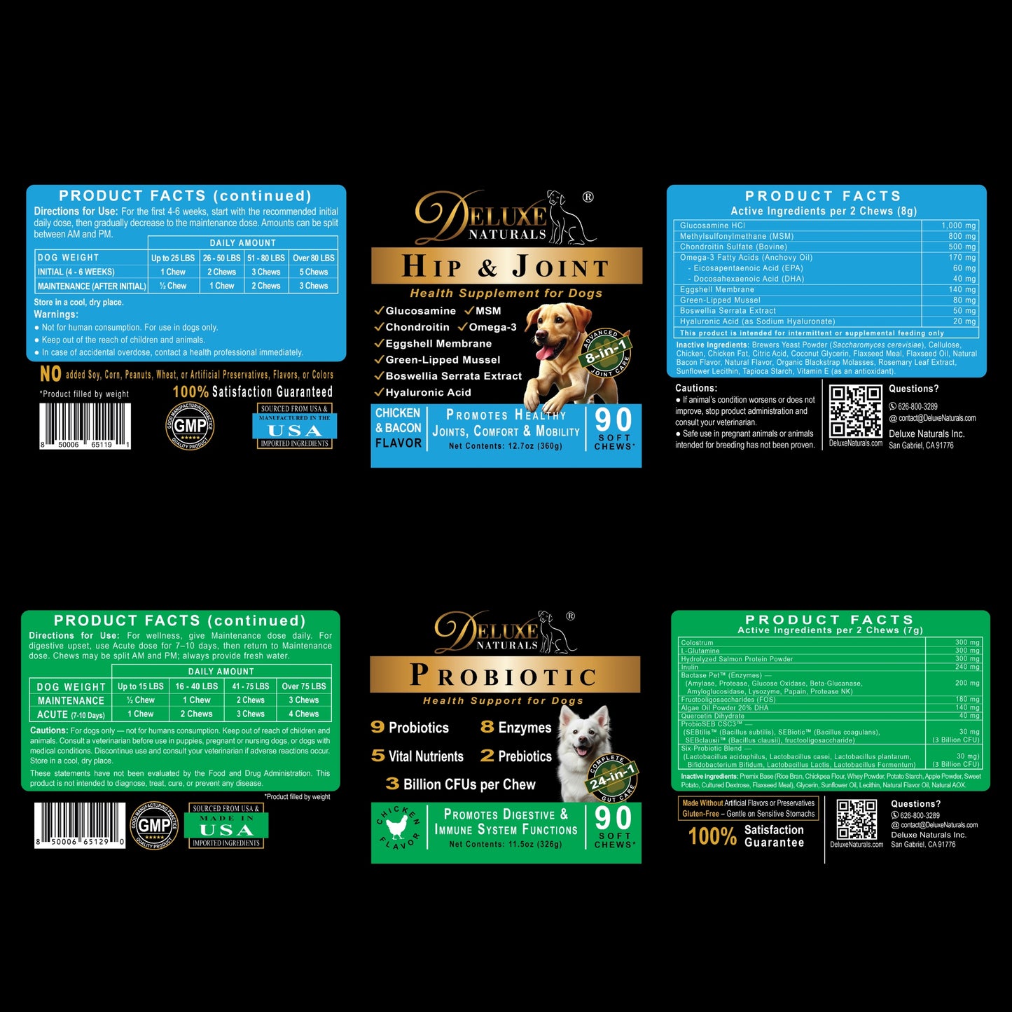 Deluxe Naturals 4-Pack Dog Wellness Bundle – 2 × Probiotic Soft Chews & 2 × Hip and Joint Soft Chews – Digestive, Immune, Mobility & Joint Support for Dogs – 90 Count Each