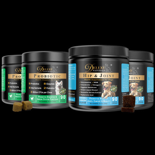 Deluxe Naturals 4-Pack Dog Wellness Bundle – 2 × Probiotic Soft Chews & 2 × Hip and Joint Soft Chews – Digestive, Immune, Mobility & Joint Support for Dogs – 90 Count Each