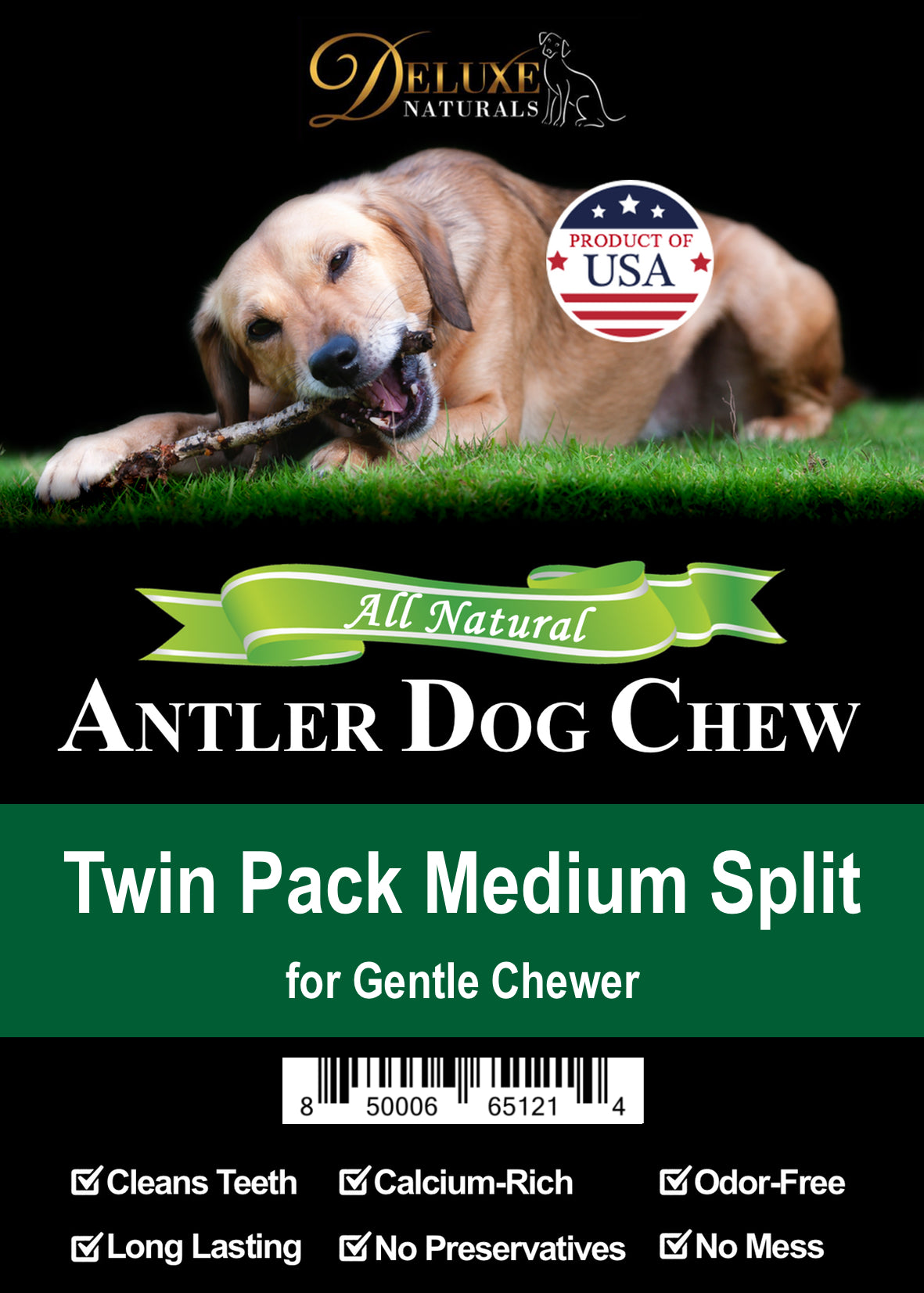 Deluxe Naturals Twin Pack Elk Antler Dog Chew - Medium Split