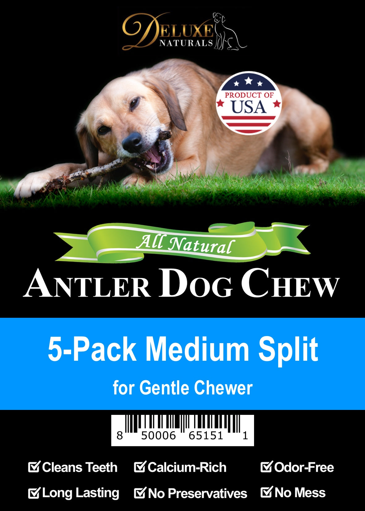 Deluxe Naturals 5-Pack Elk Antler Dog Chew - Medium Split