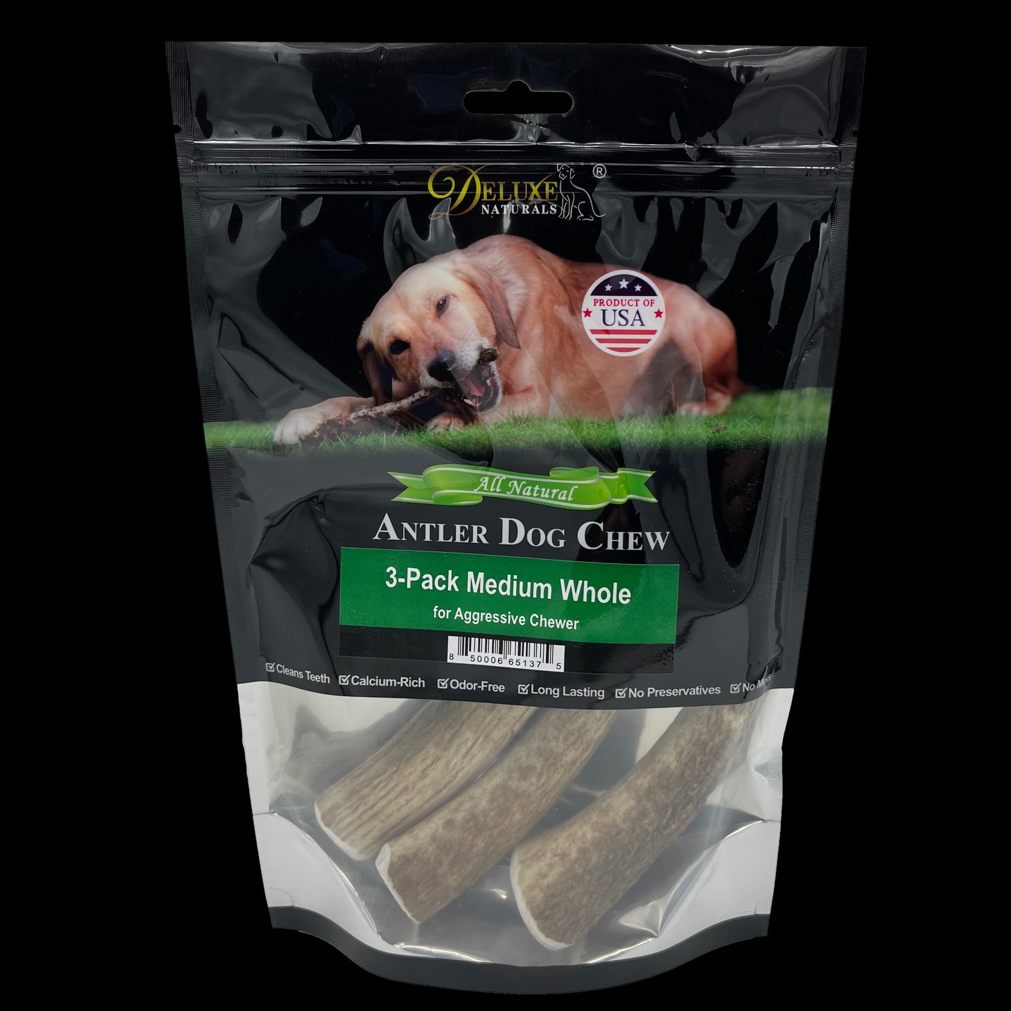 Deluxe Naturals 3-Pack Elk Antler Dog Chew - Medium Whole