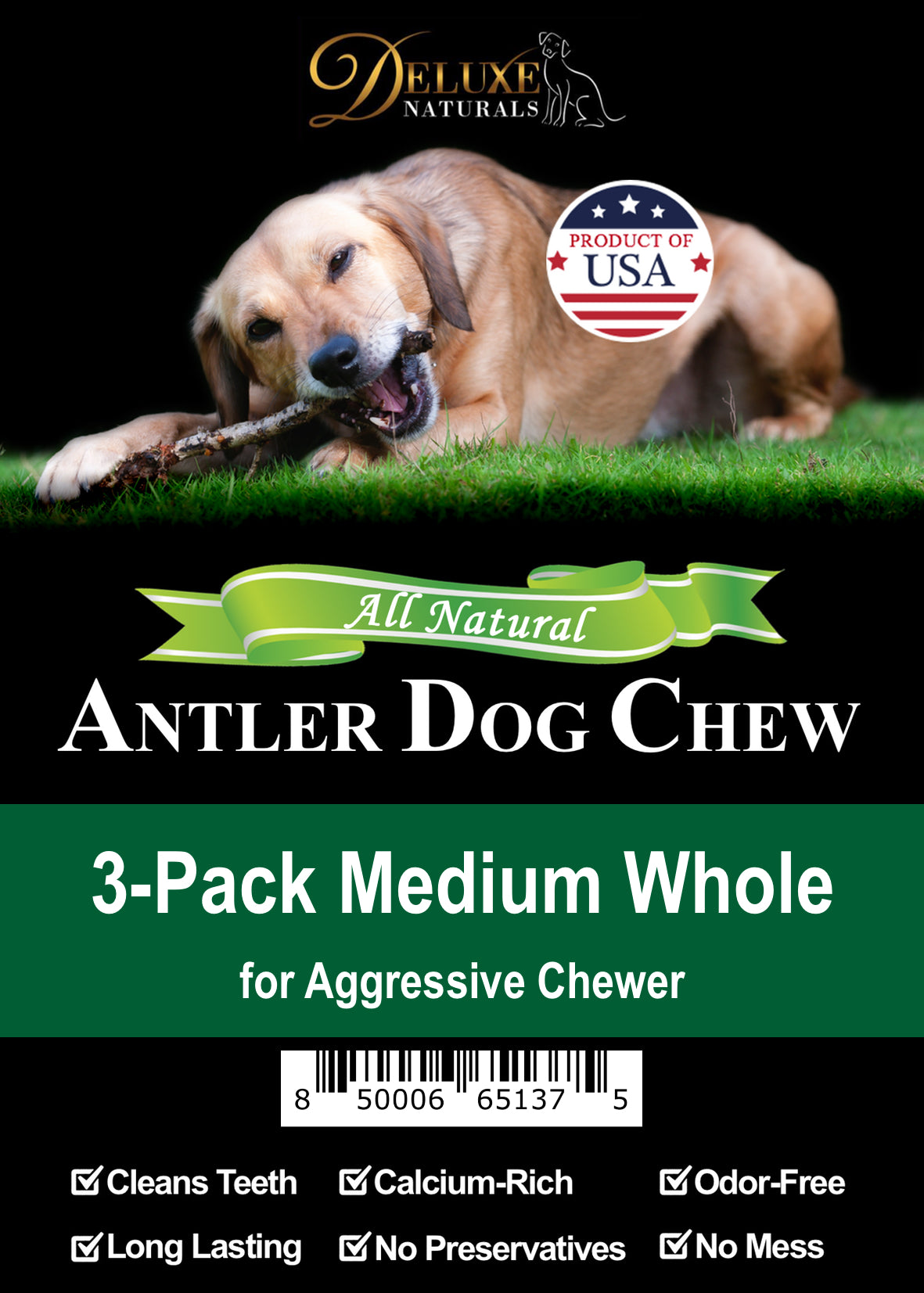 Deluxe Naturals 3-Pack Elk Antler Dog Chew - Medium Whole