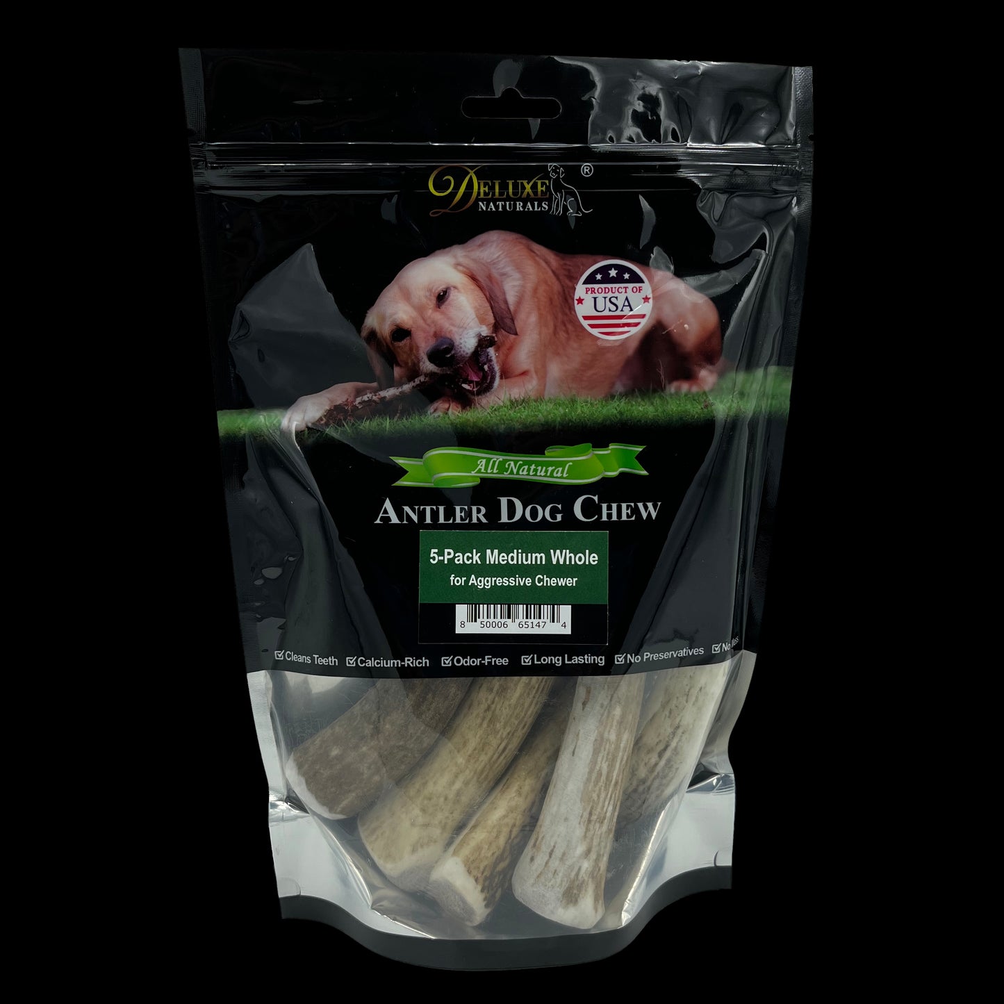 Deluxe Naturals 5-Pack Elk Antler Dog Chew - Medium Whole