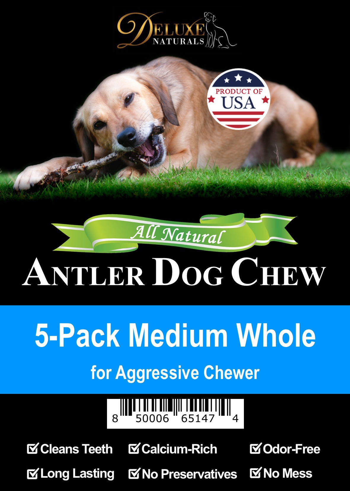 Deluxe Naturals 5-Pack Elk Antler Dog Chew - Medium Whole