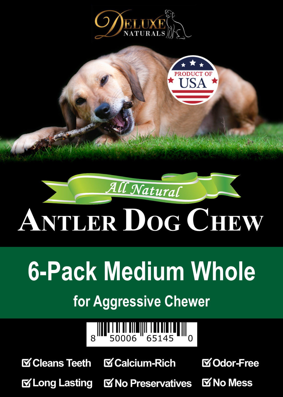 Deluxe Naturals 6-Pack Elk Antler Dog Chew - Medium Whole