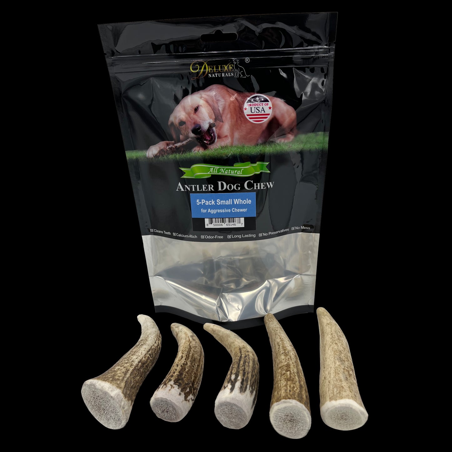Deluxe Naturals 5-Pack Elk Antler Dog Chew - Small Whole