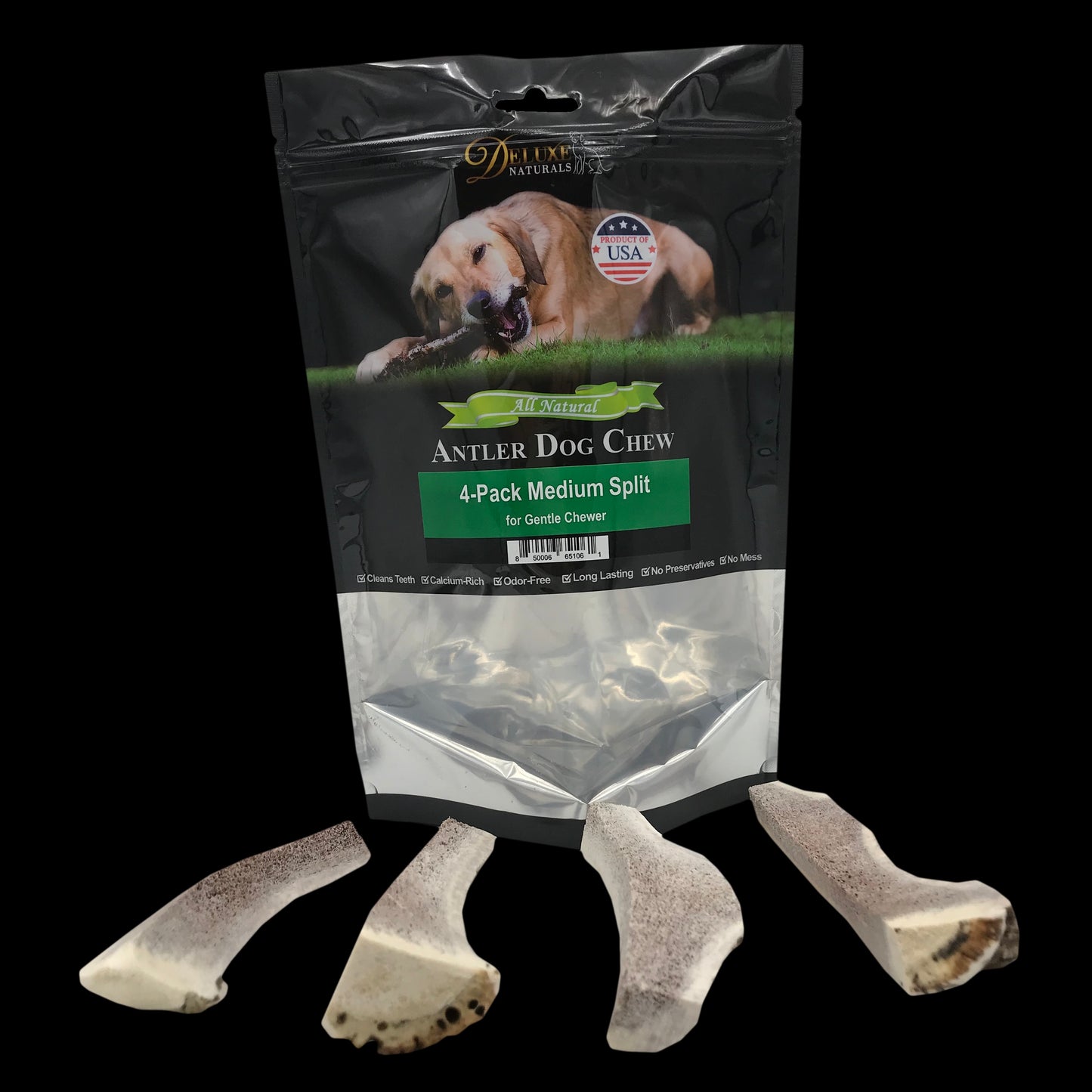 Deluxe Naturals 4-Pack Elk Antler Dog Chew - Medium Split