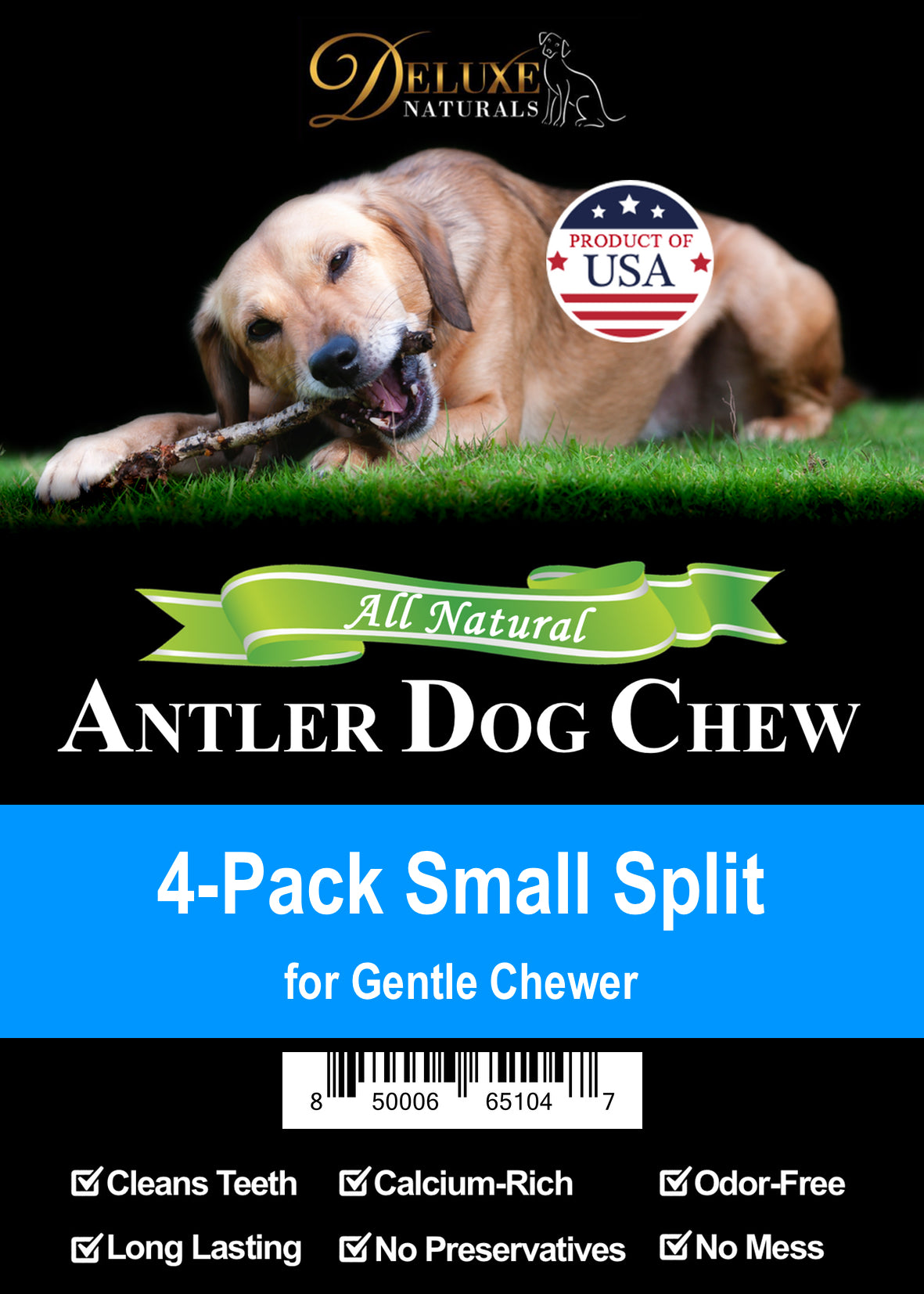 Deluxe Naturals 4-Pack Elk Antler Dog Chew - Small Split