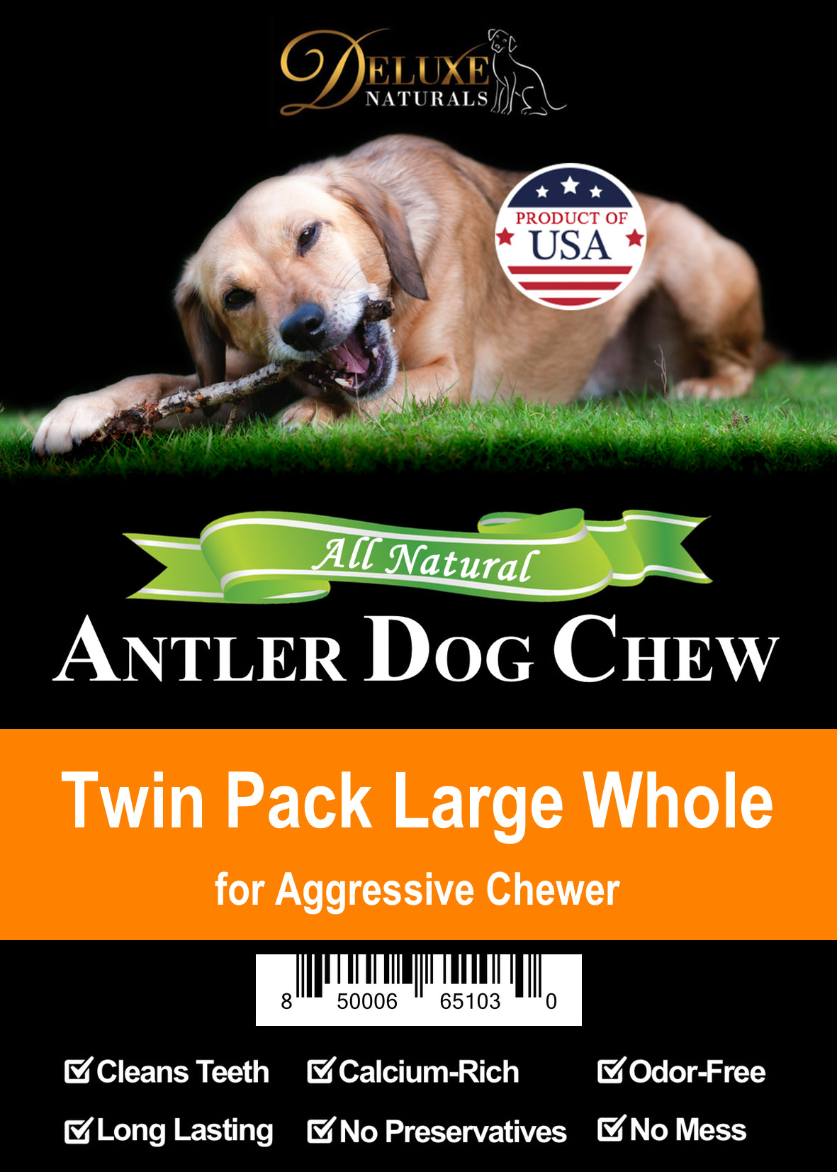 Deluxe Naturals Twin Pack Elk Antler Dog Chew - Large Whole