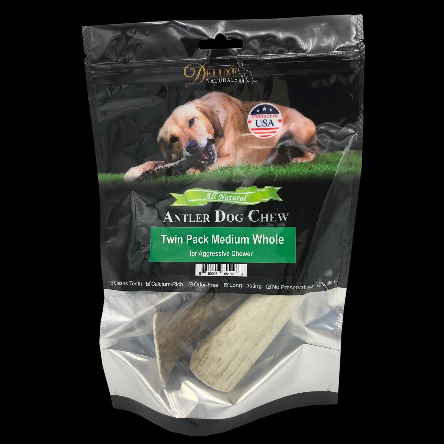 Deluxe Naturals Twin Pack Elk Antler Dog Chew - Medium Whole