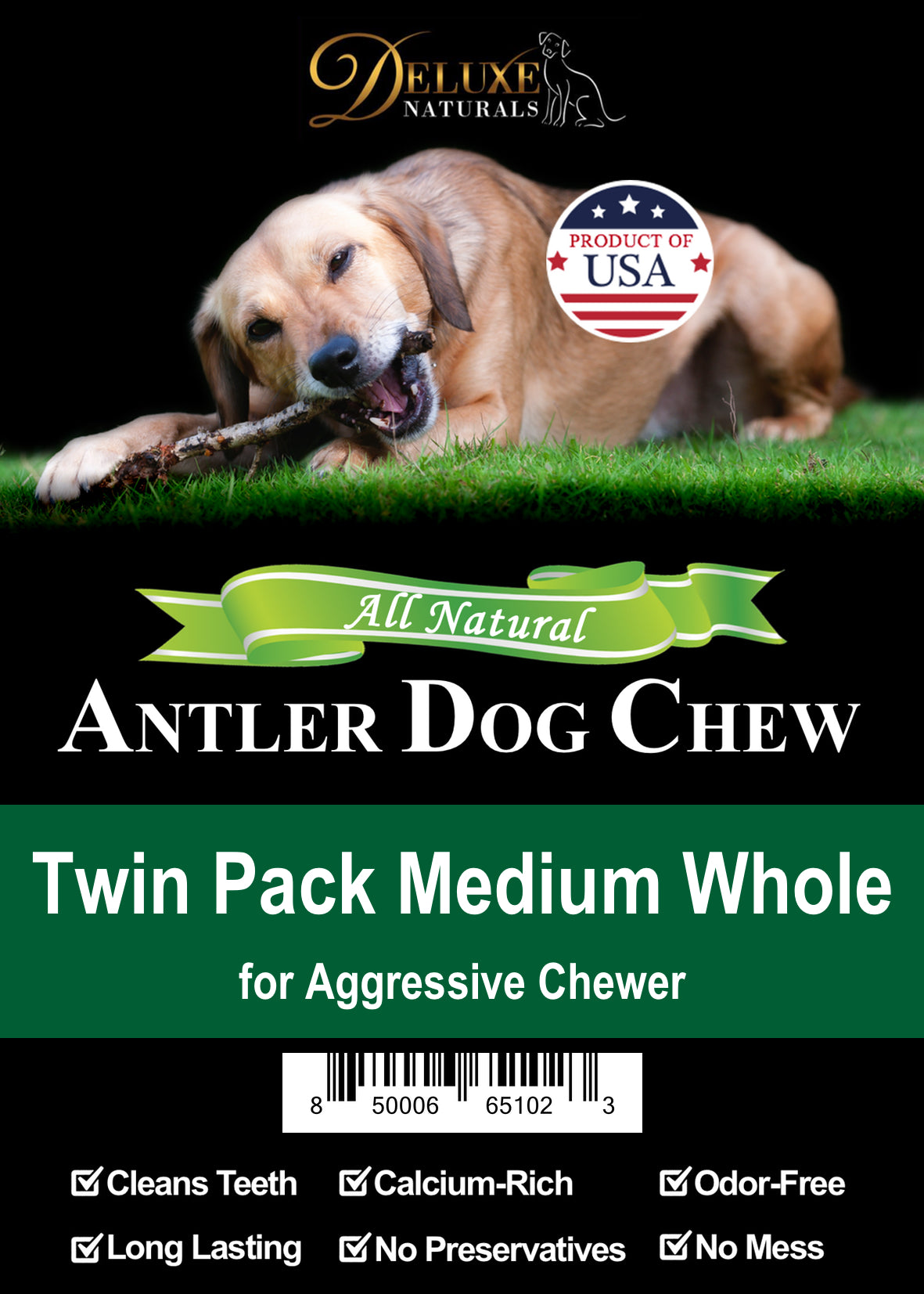 Deluxe Naturals Twin Pack Elk Antler Dog Chew - Medium Whole